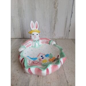 Palm tree unique Easter Bunny Candy dish birdhouse spring ceramic vintage